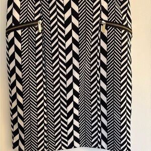Michael Kors Black and White Chevron Pencil Skirt with Gold Zip Accents